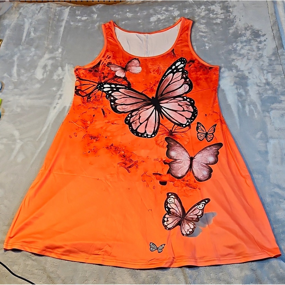 Womens Orange Butterfly Print Sleeveless Tank Dress Scoop Neck Stretch XL